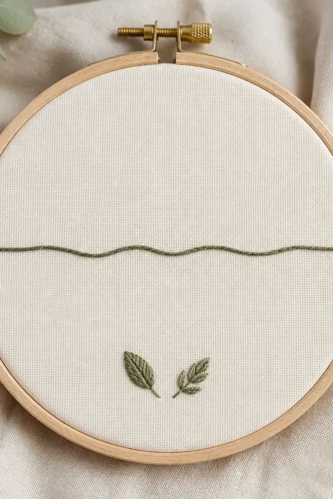 A 6-inch embroidery hoop with cream fabric inside; a single line of stitched text in muted green thread runs across the center, with two tiny embroidered leaves near the bottom.