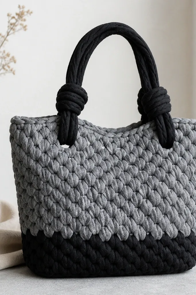 A handmade tote bag made from t-shirt yarn in heather gray and black; the body has a chunky braided texture and the handles are thick knotted loops.