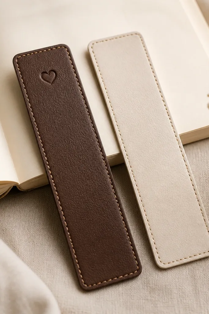 A set of two bookmarks made from faux leather in chocolate brown and cream; one has a small embossed heart near the top, and both have neat corner stitching in tan thread.