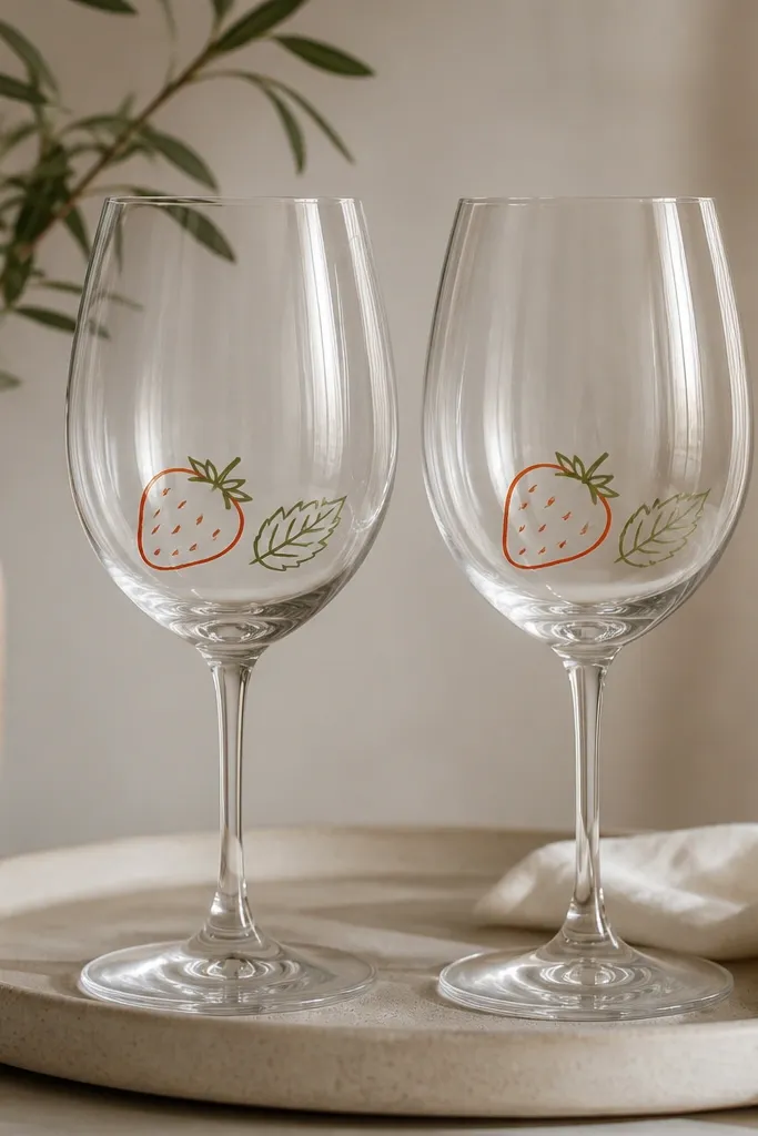 Two clear wine glasses on a tray; each has a thin hand-painted line drawing of a strawberry and a small leaf in muted red and green near the base, with a clean matte finish.