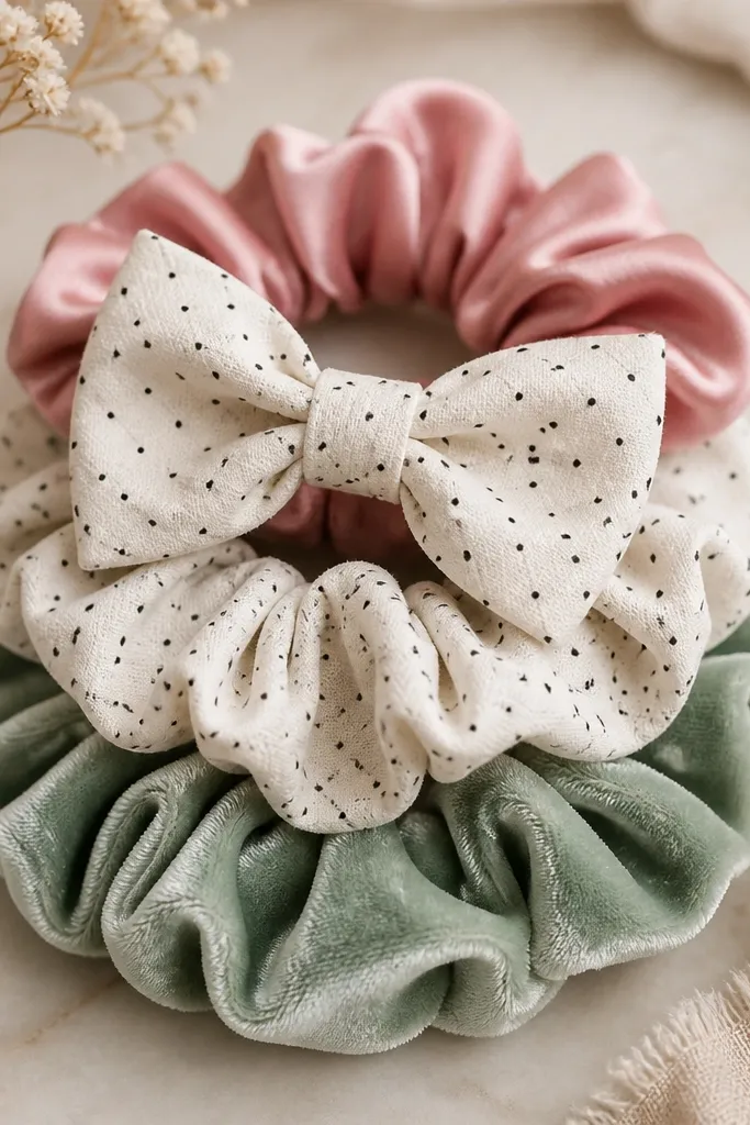 A set of three scrunchies in coordinated fabrics: satin in dusty pink, cotton in cream with tiny black dots, and a sage green velvet; a matching small bow tie sits on top.