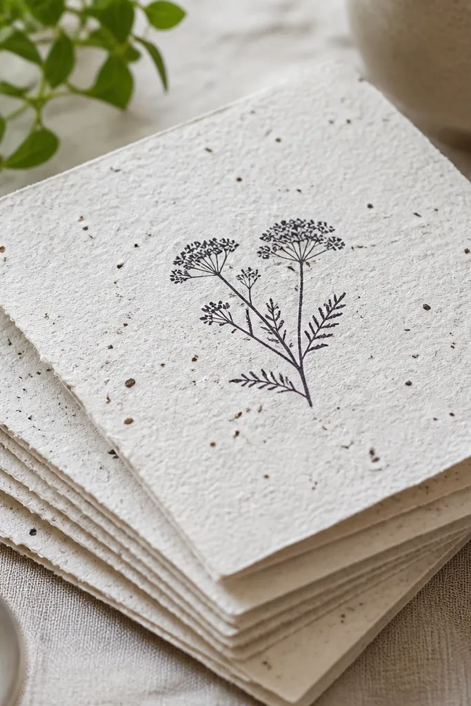 A stack of handmade note cards with embedded seed paper; each card has a stamped message in dark ink, and the cards show tiny specks of seeds visible within the paper fibers.