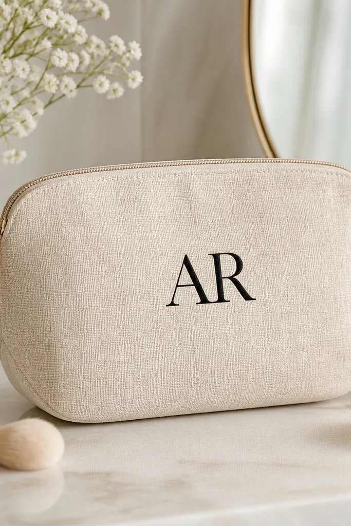 A light beige linen-blend makeup bag with a rounded bottom and zipper; a heat-set vinyl label in black shows her initials, centered on the front panel.