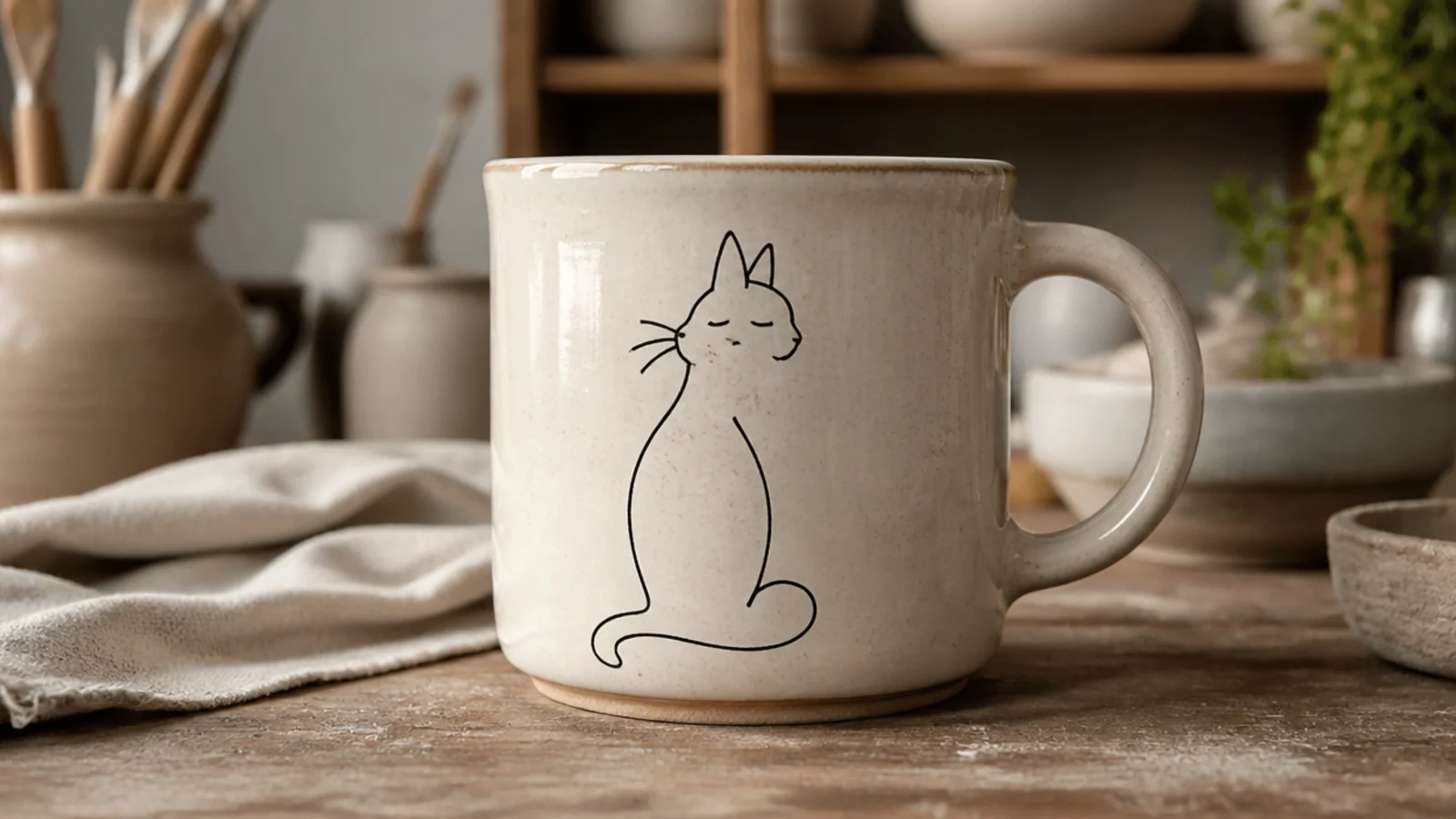 A cream mug with a single continuous black line-drawing of a sitting cat on the front, clear glazed, minimal and modern.