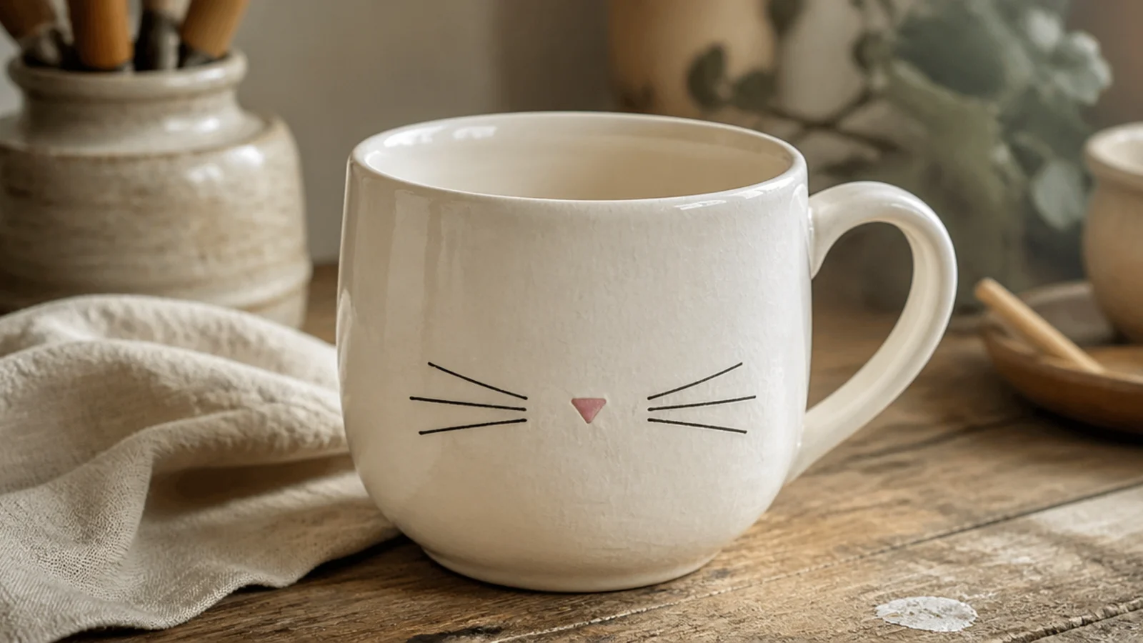 A white mug with just a tiny pink triangle nose and three fine whiskers on each side painted low on the front, clear glazed.