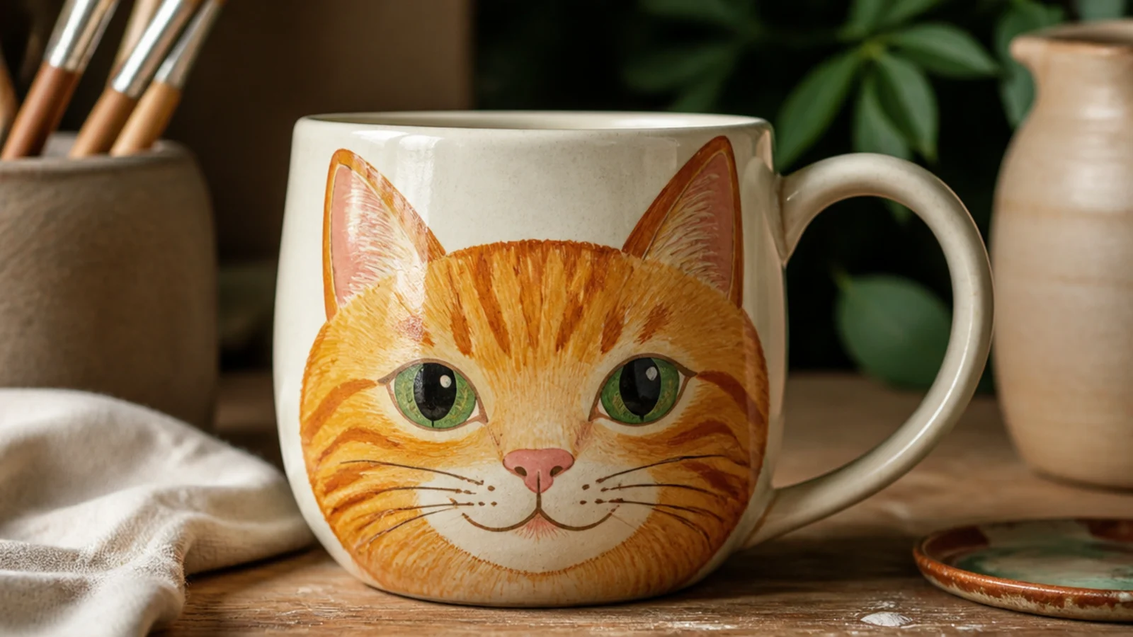 A cream mug painted with a friendly orange tabby cat face with green eyes, pink nose, and soft stripes, under a clear glaze.