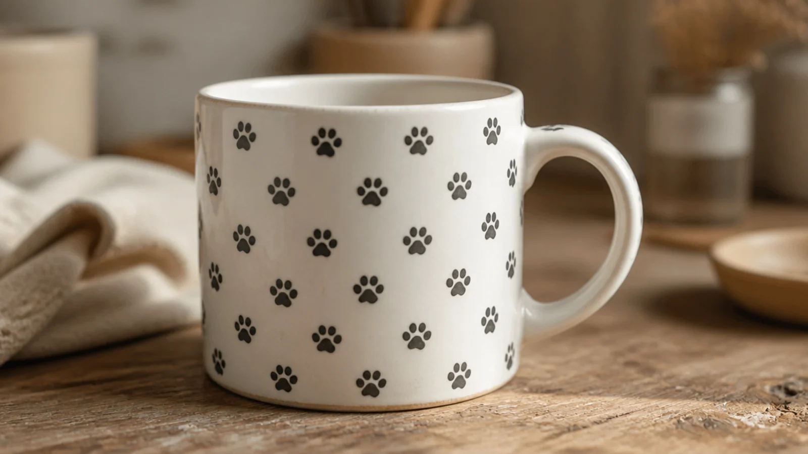 A white mug covered in evenly scattered small charcoal cat pawprints, each a pad with four toe beans, under a clear glaze.