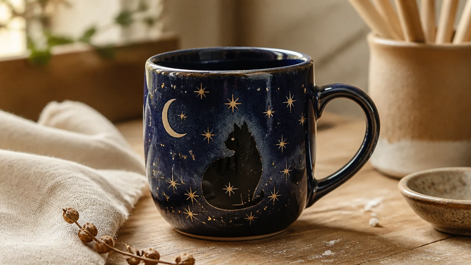 A deep navy mug with a black cat silhouette curled among tiny gold stars and a crescent moon, under a glossy clear glaze.