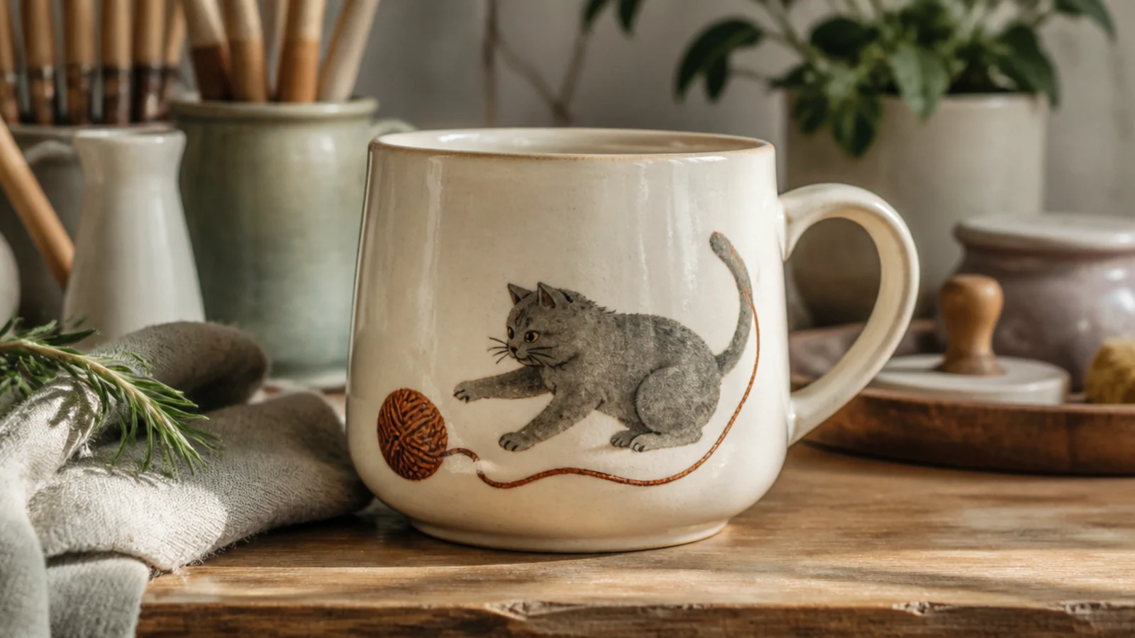 A cream mug painted with a small grey cat batting a rolling ball of terracotta yarn, a loose trailing thread wrapping the body, clear glazed.