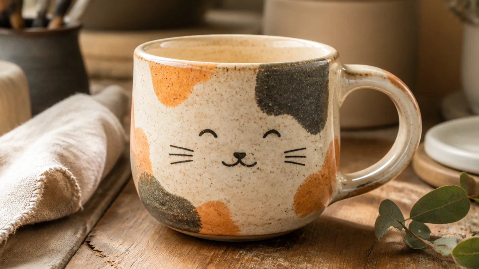 A mug in speckled cream clay with irregular orange and charcoal calico patches and a simple content cat face, clear glazed.