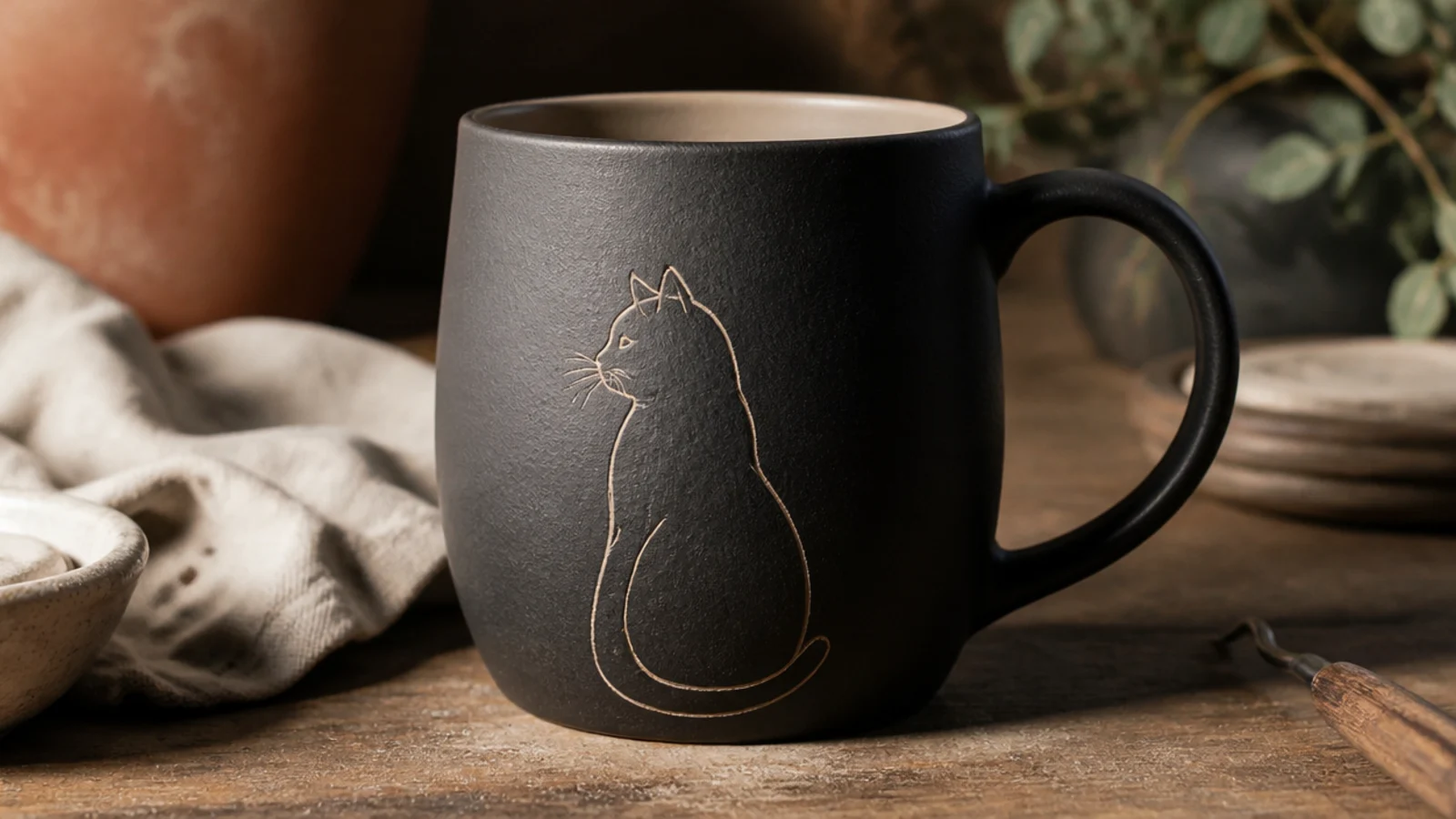 A dark-slip mug with a fine cat silhouette and whiskers scratched through to reveal the pale clay beneath, crisp lines, matte finish.