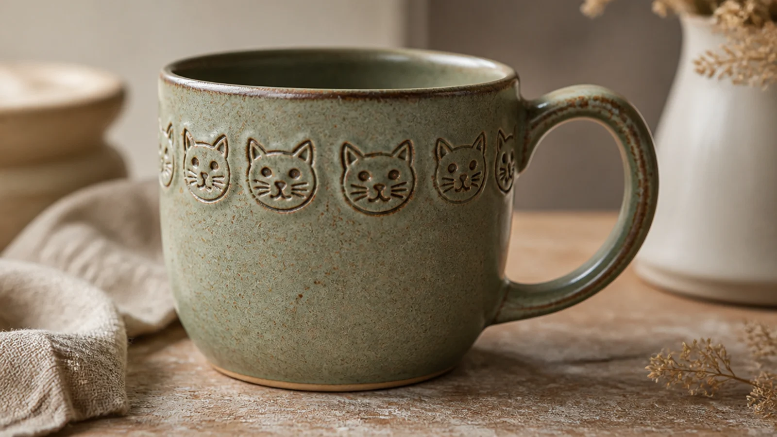 A sage mug with a repeating raised cat-face stamp impressed around the upper body, the recesses caught by a darker glaze.