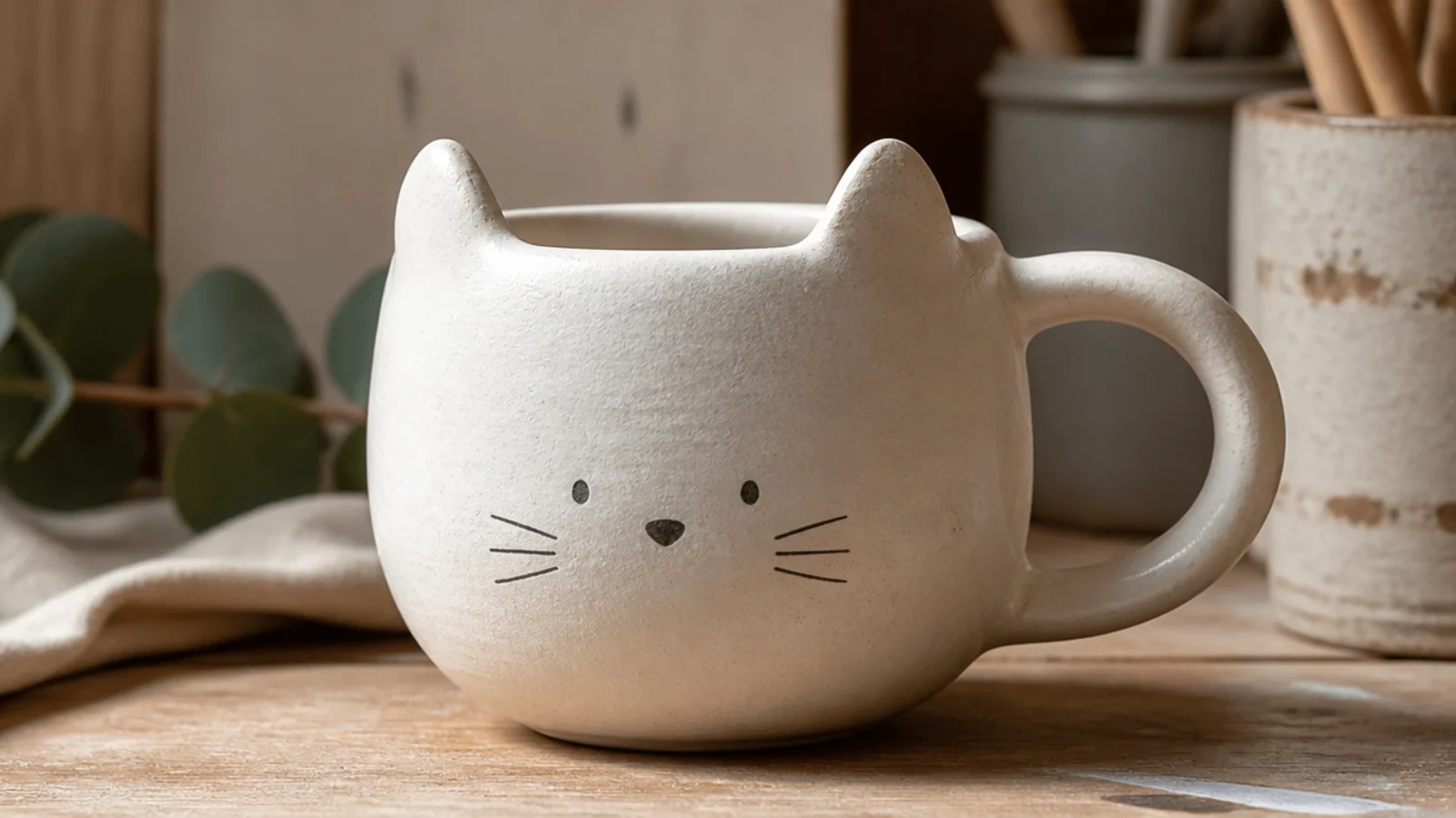 A cream mug with two small pointed cat ears rising from the rim opposite the handle and a tiny painted face below, glazed matte white.