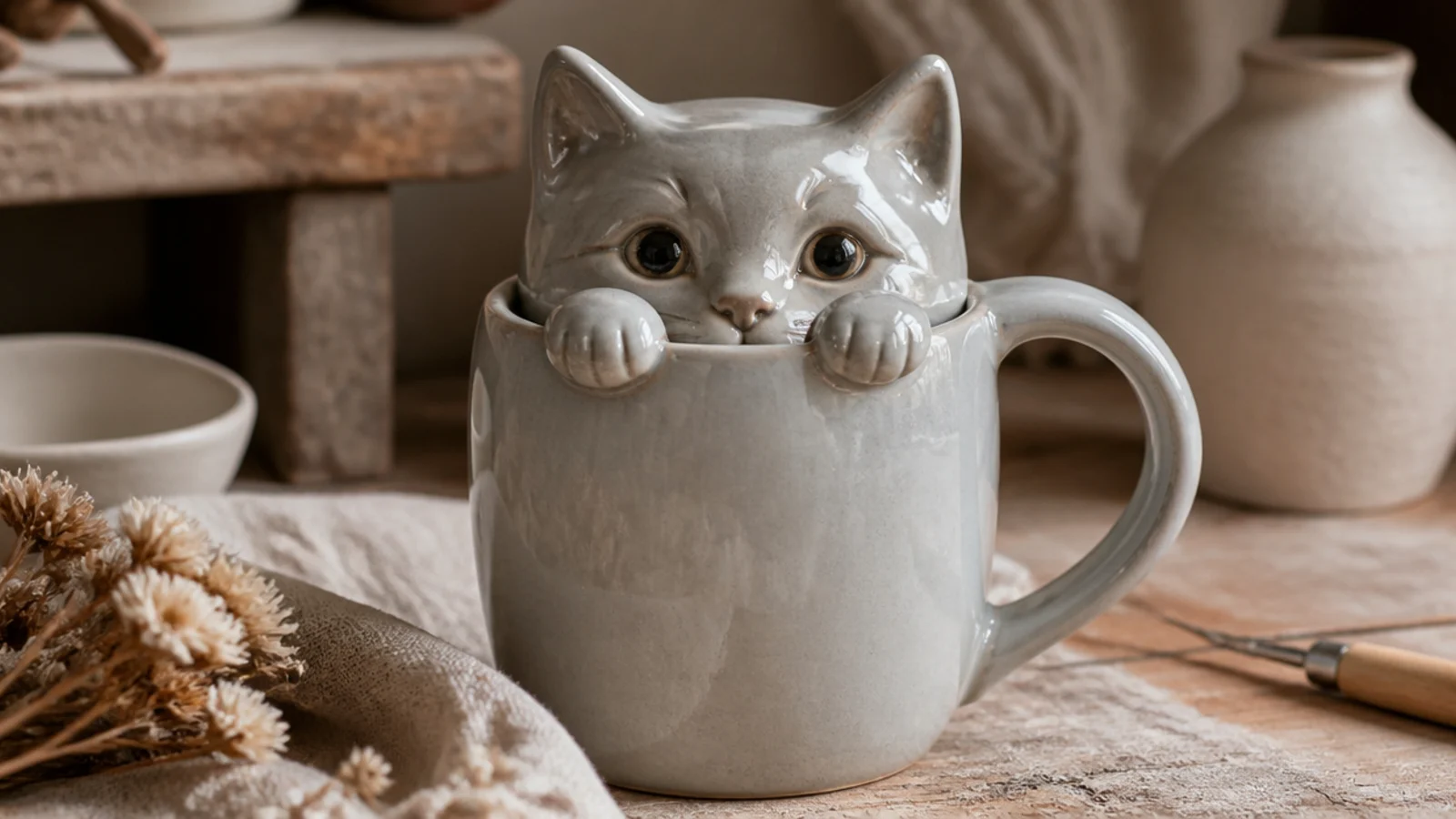 A white mug with two small sculpted paws and a curious cat face peeking over the top edge of the rim, glazed glossy grey.