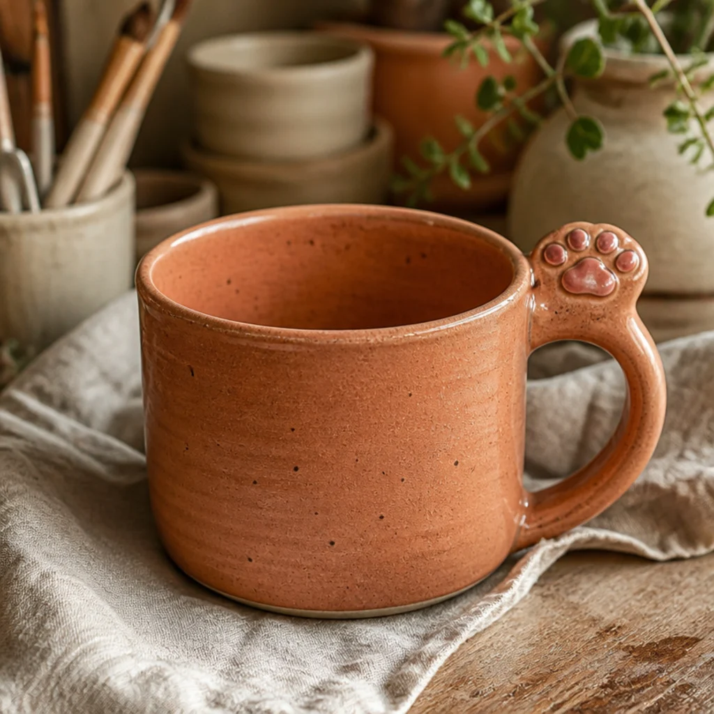 A terracotta mug with a small sculpted cat-paw thumb rest on top of the handle, pink toe beans painted on, satin glazed.