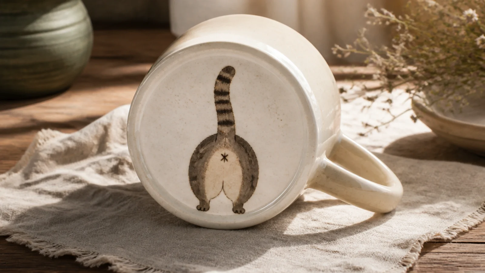 A plain cream mug shown tipped to reveal a cheeky painted cat rear with a raised striped tail on the underside, clear glazed.