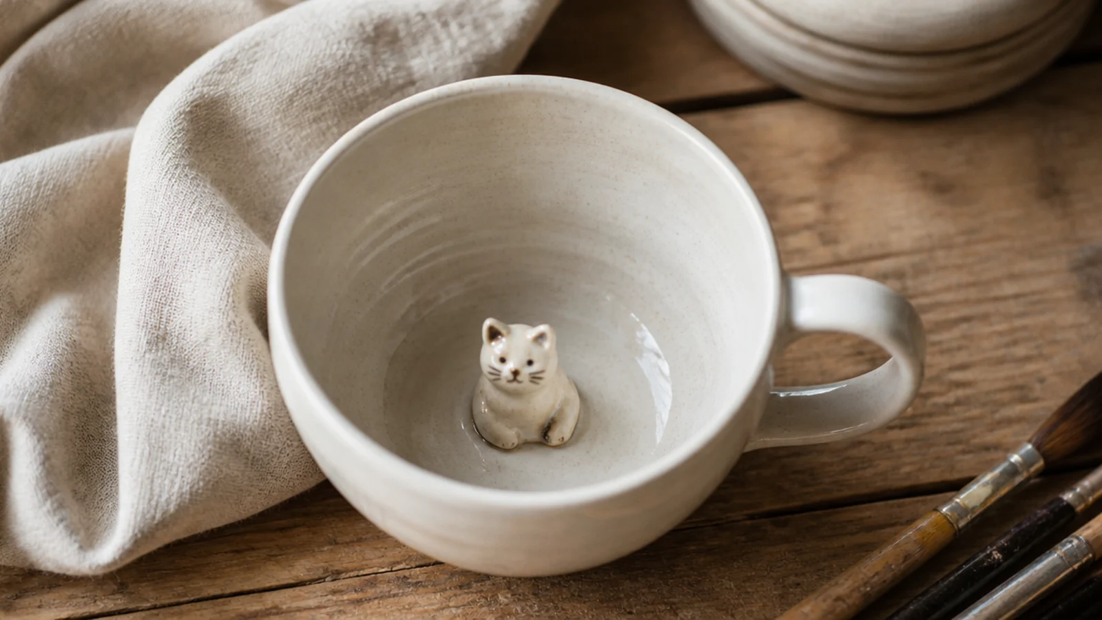 A pale mug with a tiny three-dimensional cat sculpted sitting in the bottom inside, revealed as the drink is finished, glossy clear glaze.