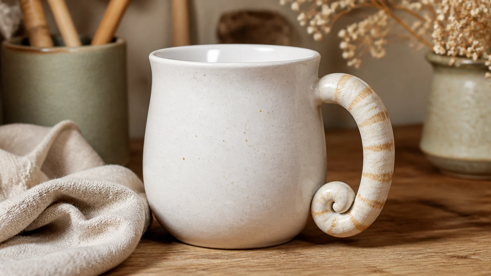 A white mug whose handle is shaped like a curled cat tail with soft stripes, tapering to a rounded tip, satin glazed.