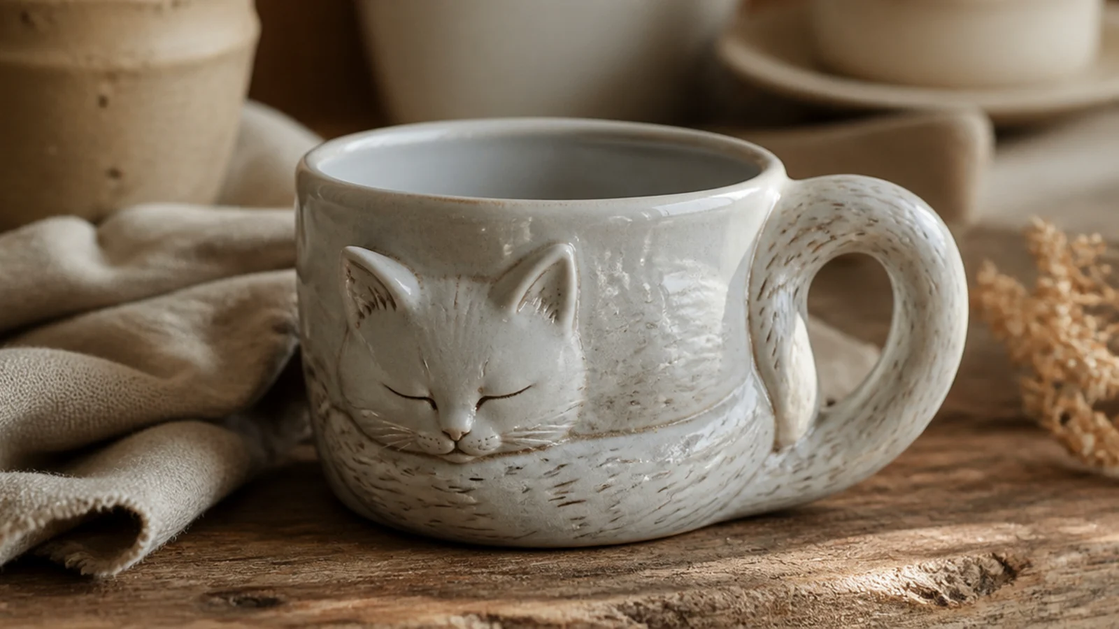A cream mug with a handle formed by a curled-up sleeping cat, tail wrapping to make the finger loop, glazed soft grey.