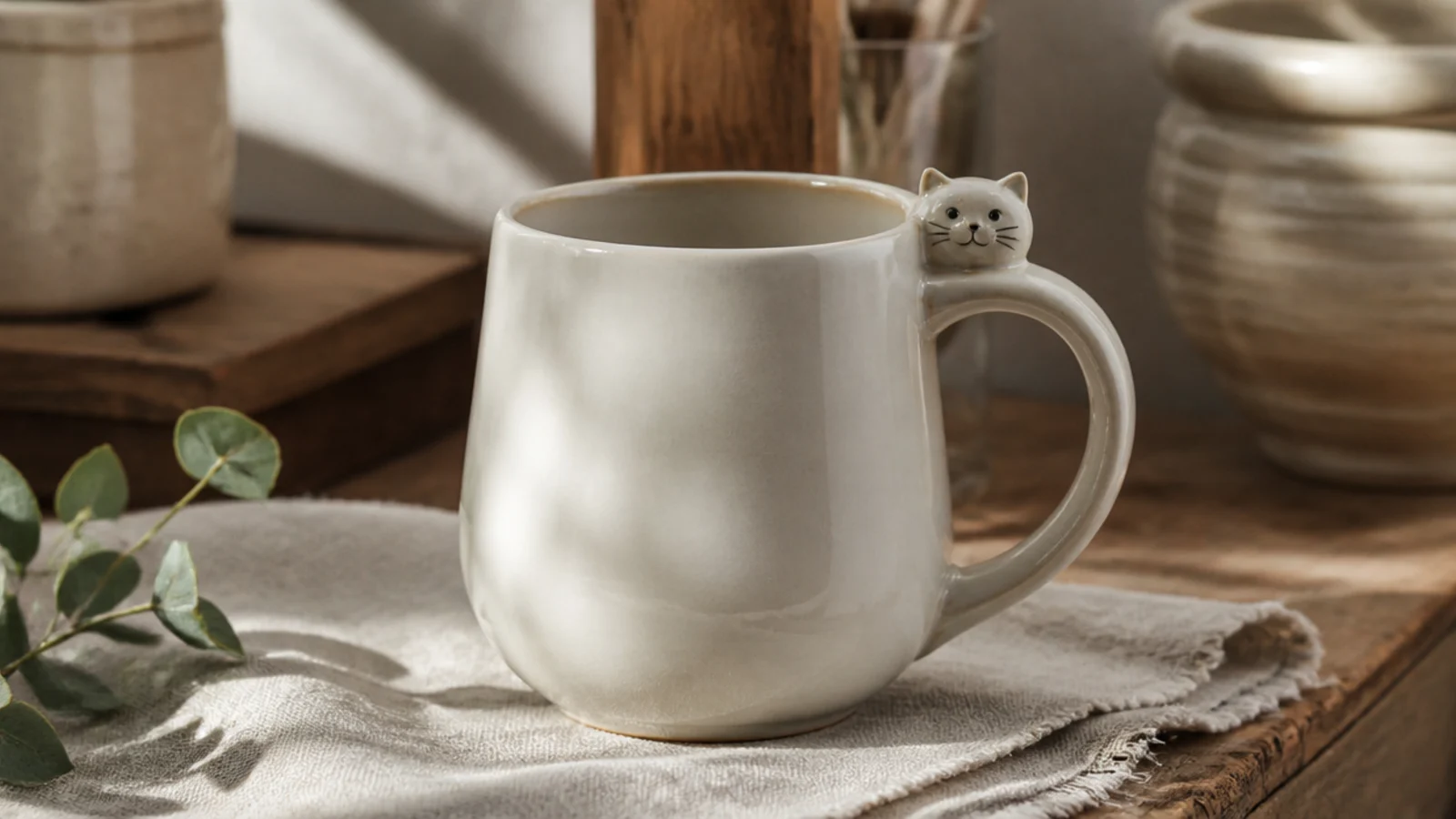 A white mug with a strap handle topped by a small sculpted cat face with ears, so a cat peeks out from the side, glossy glazed.