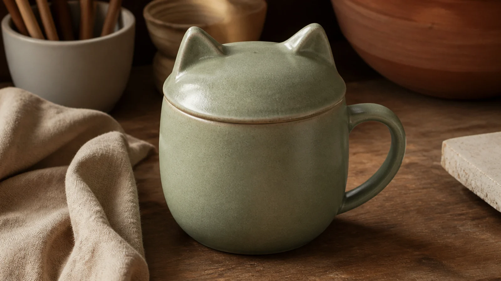 A sage tea mug with a fitted round lid shaped like a cat's head with two pointed ears, doubling as a spoon rest, glazed satin.