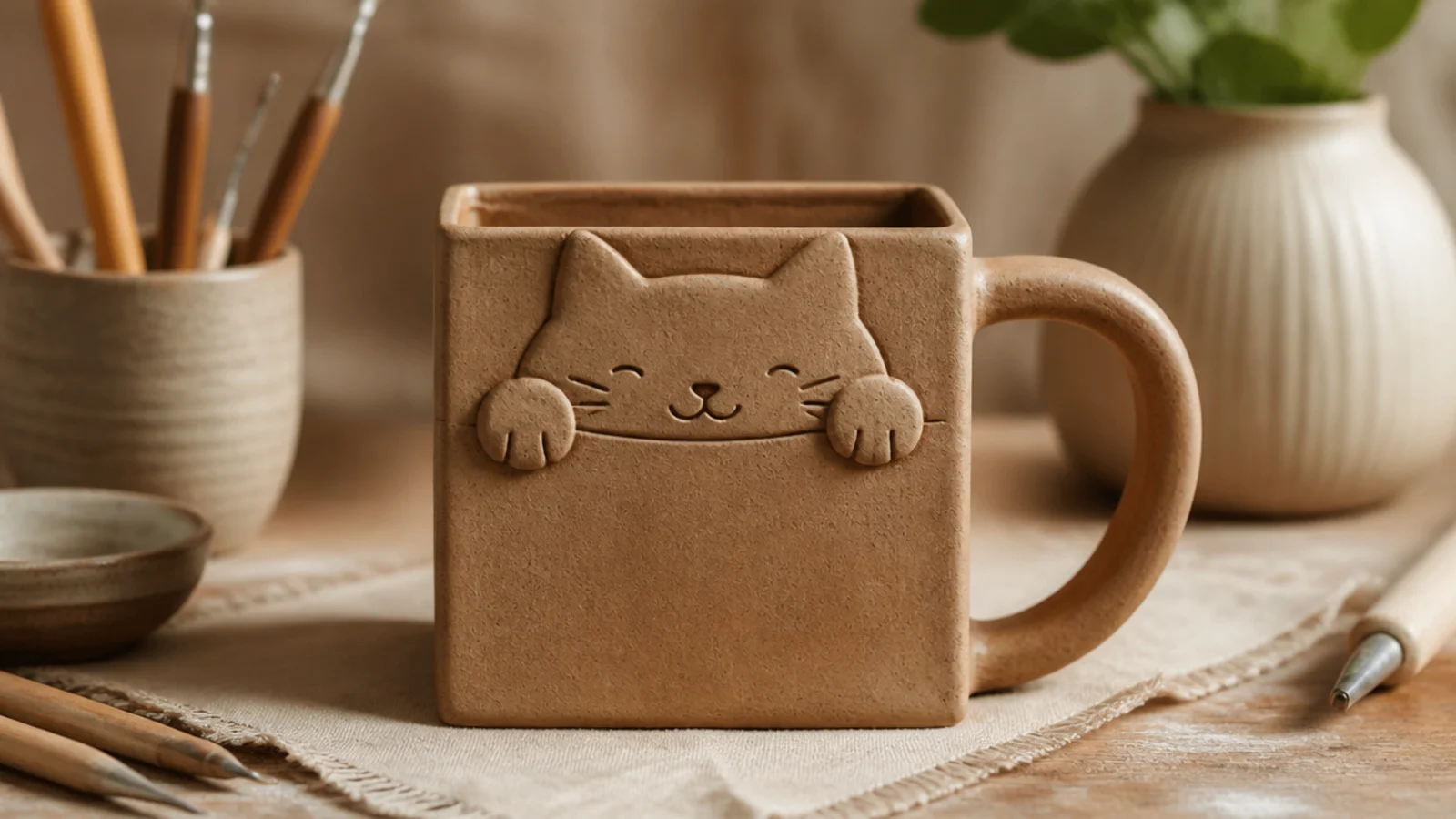 A square slab-built mug like a cardboard box with a content cat face peeking over the top edge, kraft-brown glaze, matte finish.