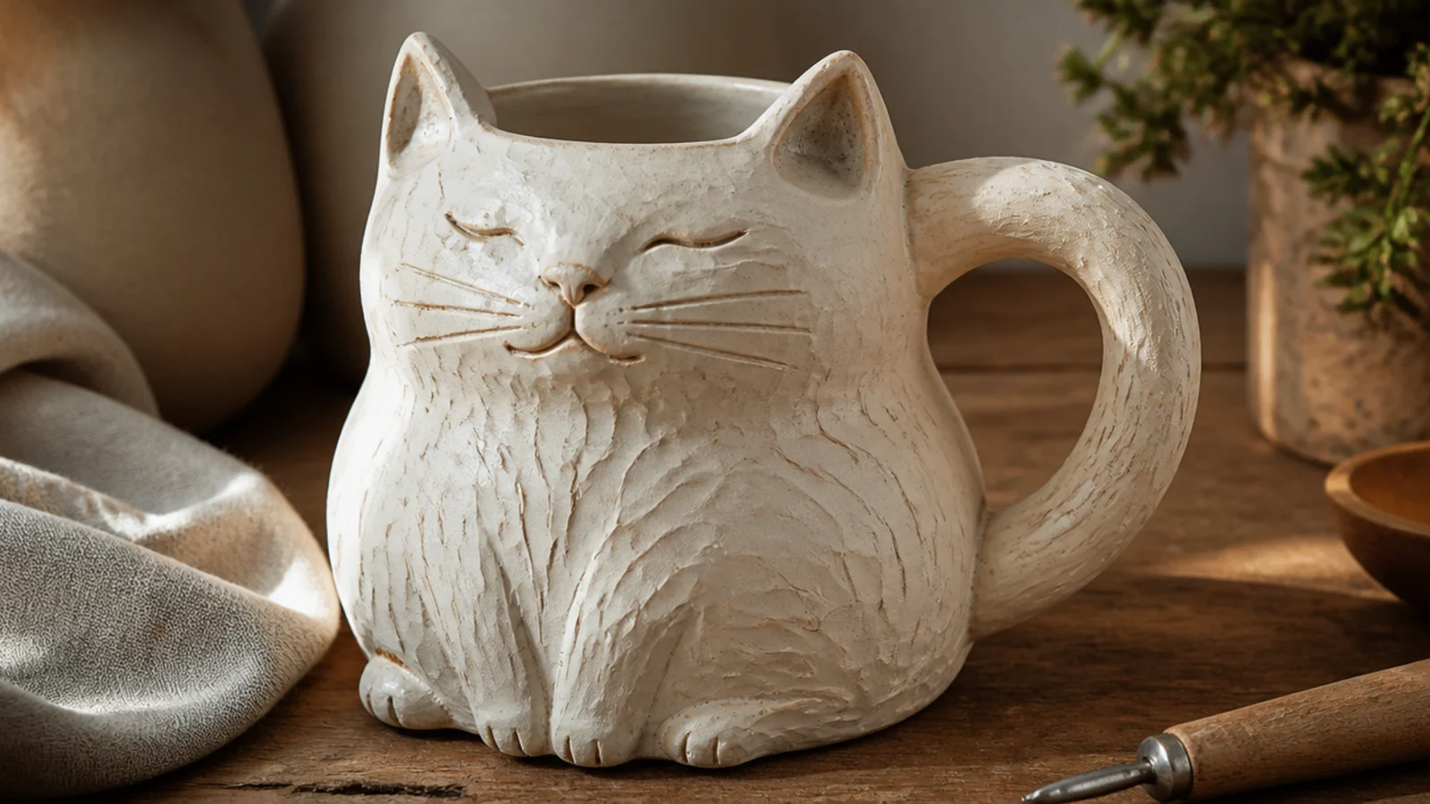 A chunky mug carved from a solid block into a sitting cat shape with ears, tail handle, and tool-marked walls, glazed matte cream.