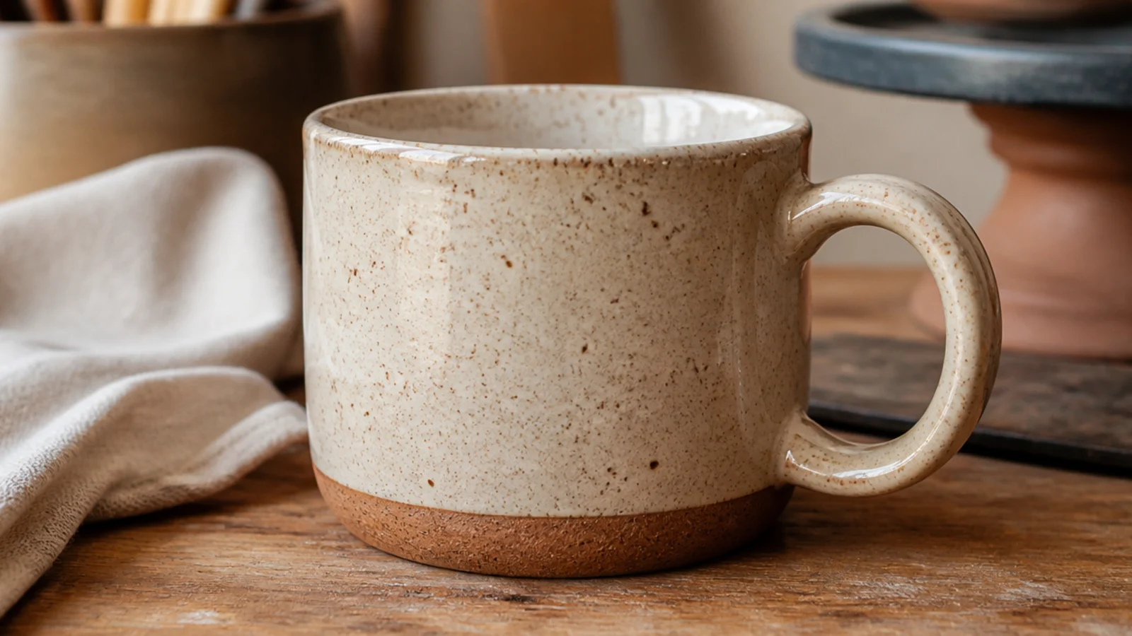 A simple stoneware mug in speckled buff clay under a glossy clear glaze showing natural iron flecks, with a raw unglazed foot.