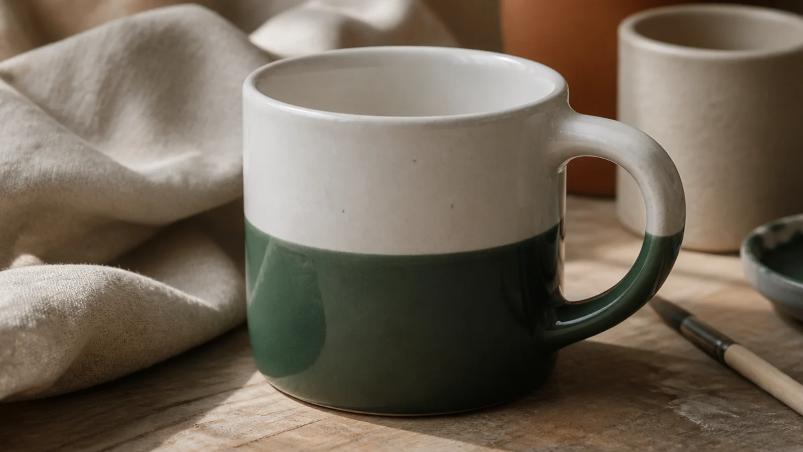 A white glazed mug with the bottom half dipped in glossy forest-green glaze meeting a crisp horizontal line against the white top.