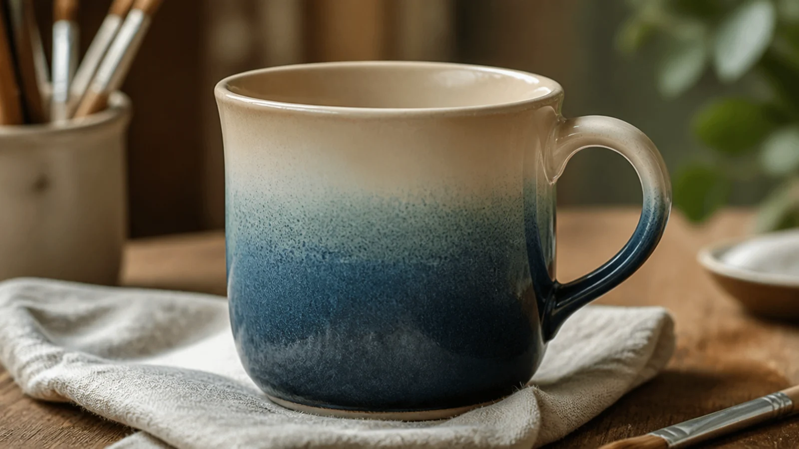 A mug fading from deep dusty-blue at the base to soft cream at the rim in a smooth gradient, glossy finish.