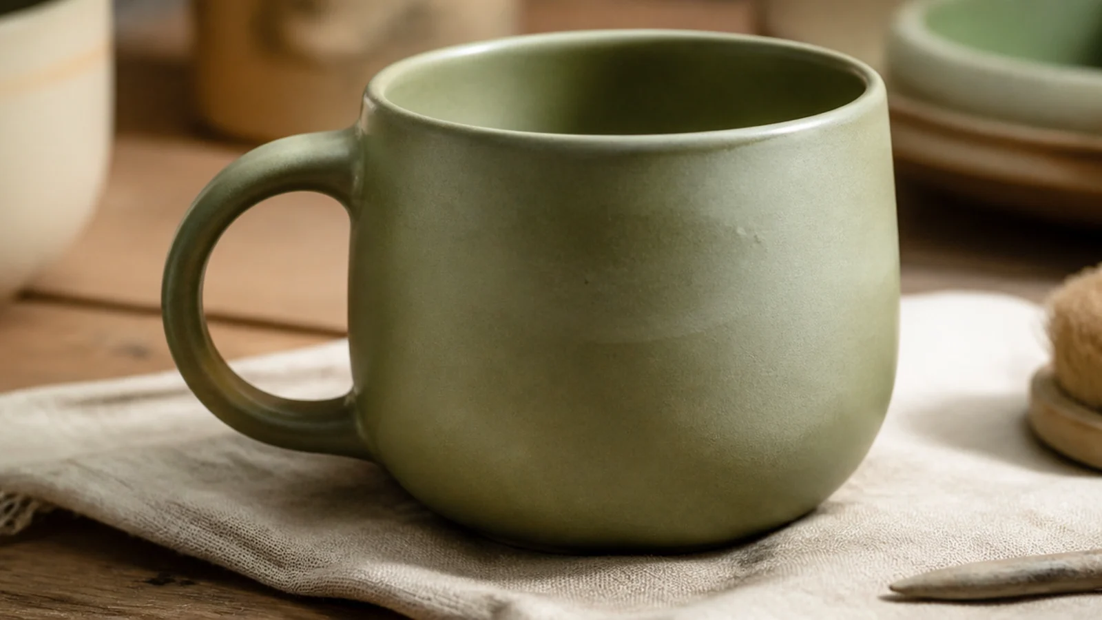A softly rounded mug glazed edge to edge in a chalky matte sage green with a smooth velvety surface, no pattern.
