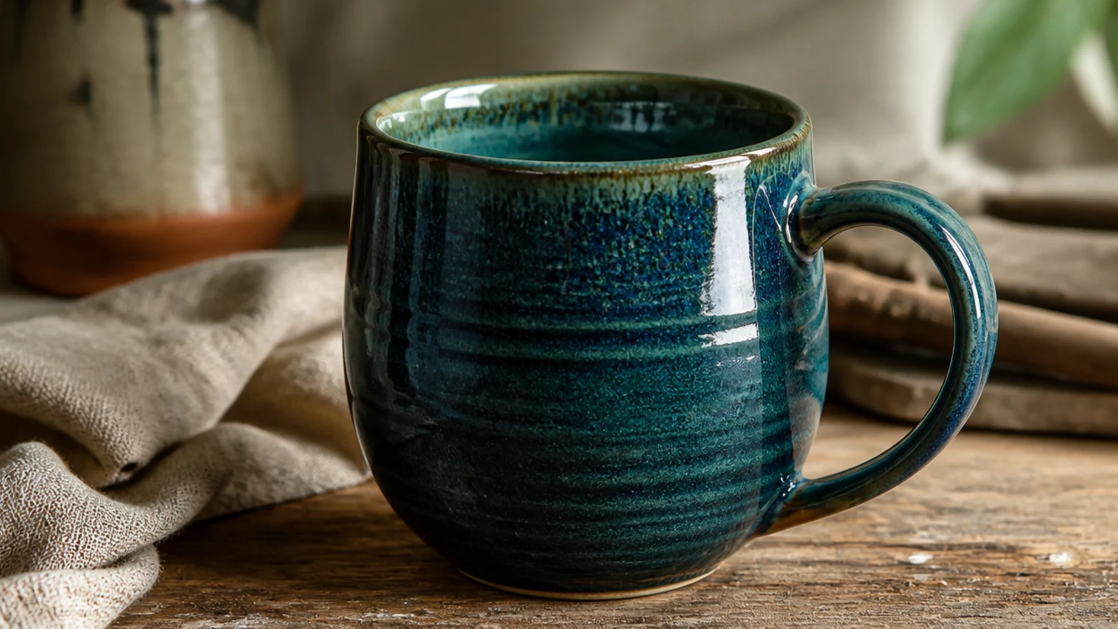 A mug glazed in a deep glossy teal that pools darker in the throwing lines and breaks lighter over the rim, mirror-shiny.