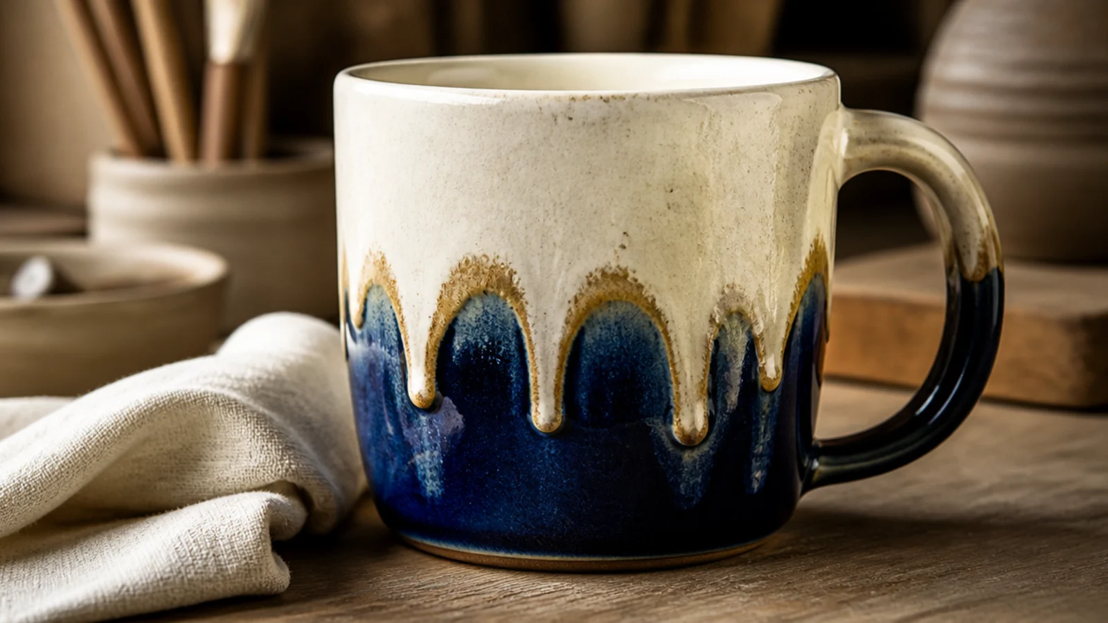 A mug with a thick cream glaze on the upper third melting down into organic drips over a glossy cobalt base, glassy runs.