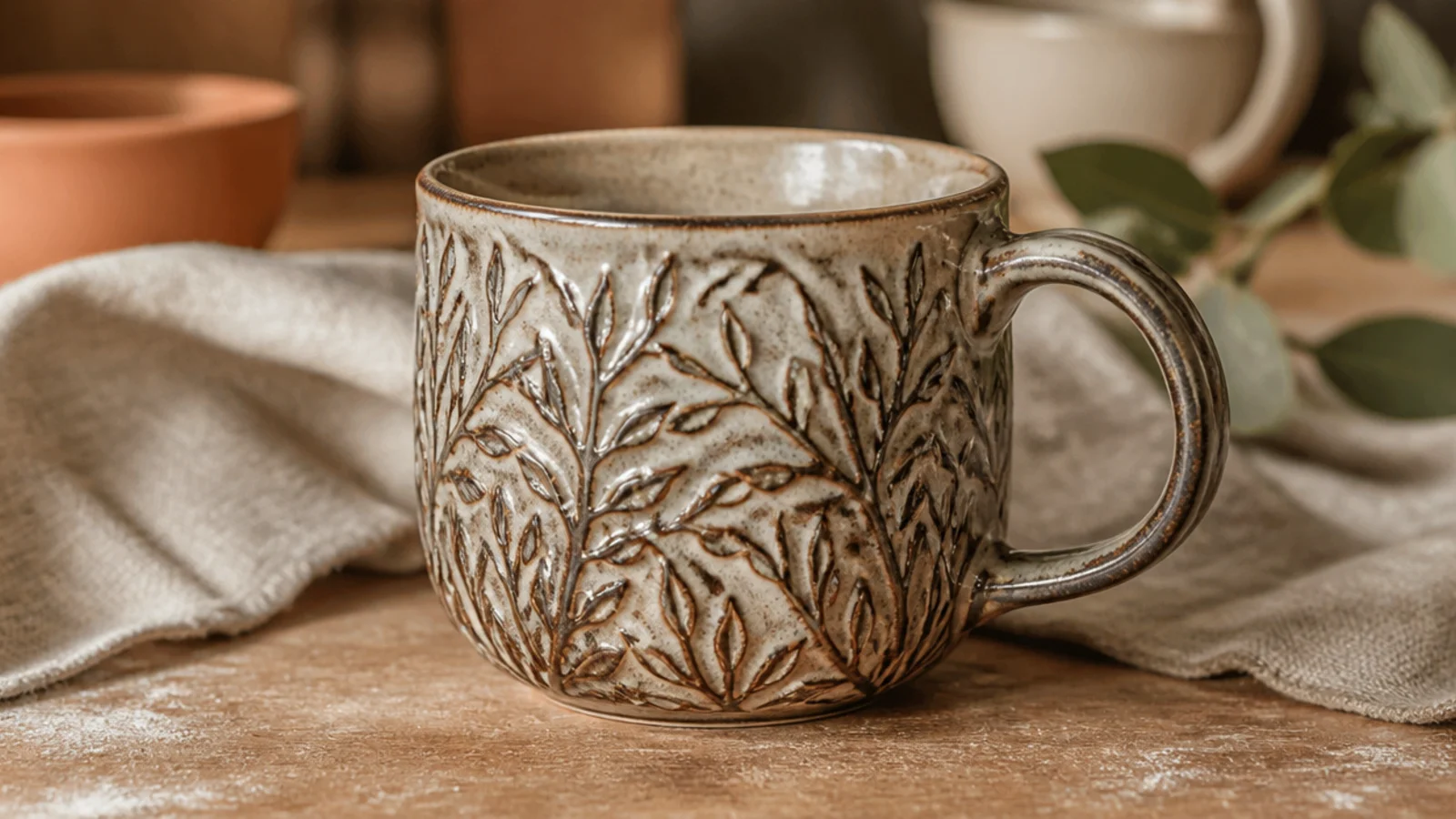 A carved-texture mug where a satin glaze pools dark in the recesses and breaks pale over the raised ridges, two-tone depth.