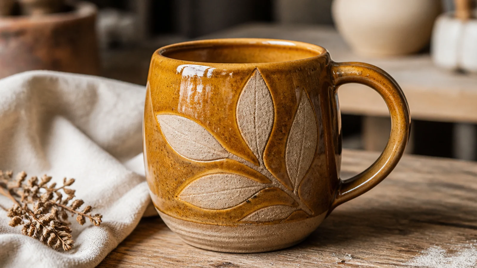 A mug with a bare-clay leaf motif standing out against a glossy honey glaze, the pattern created by resisting the glaze.