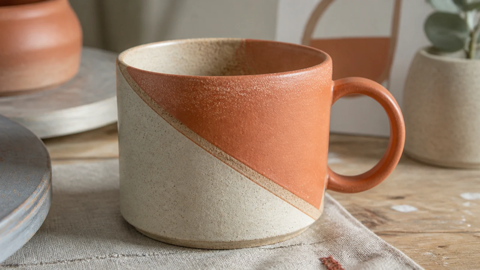 A mug with crisp diagonal color-blocked triangles in terracotta and cream separated by clean bare-glaze lines, geometric.