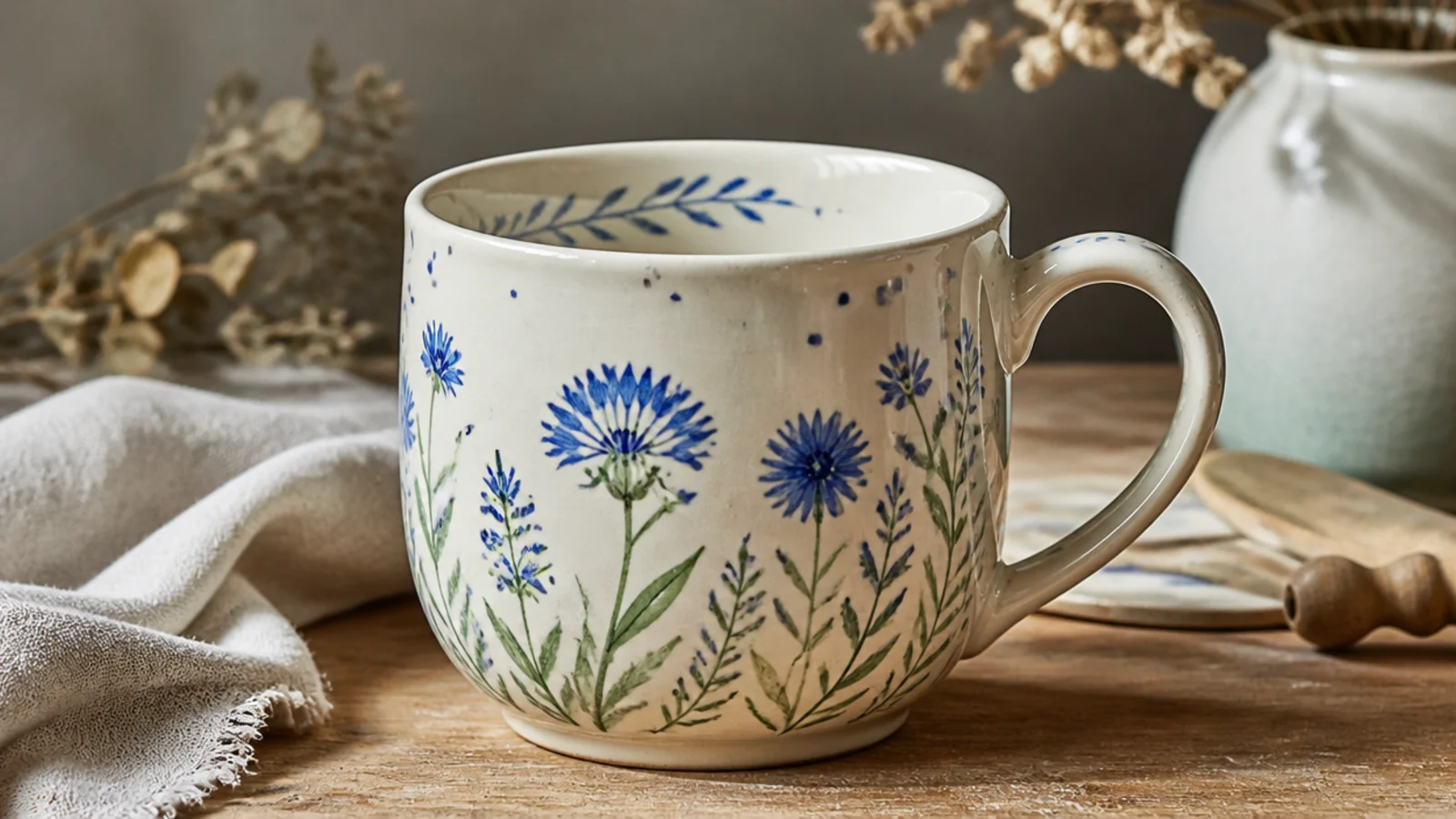 A cream mug hand-painted with loose blue-and-green wildflower sprigs under a glossy clear glaze, like painted porcelain.