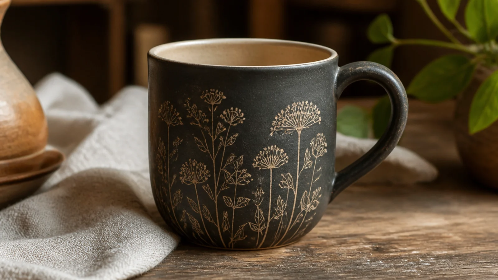 A mug coated in dark slip with fine botanical line art scratched through to the pale clay beneath, crisp two-tone detail.