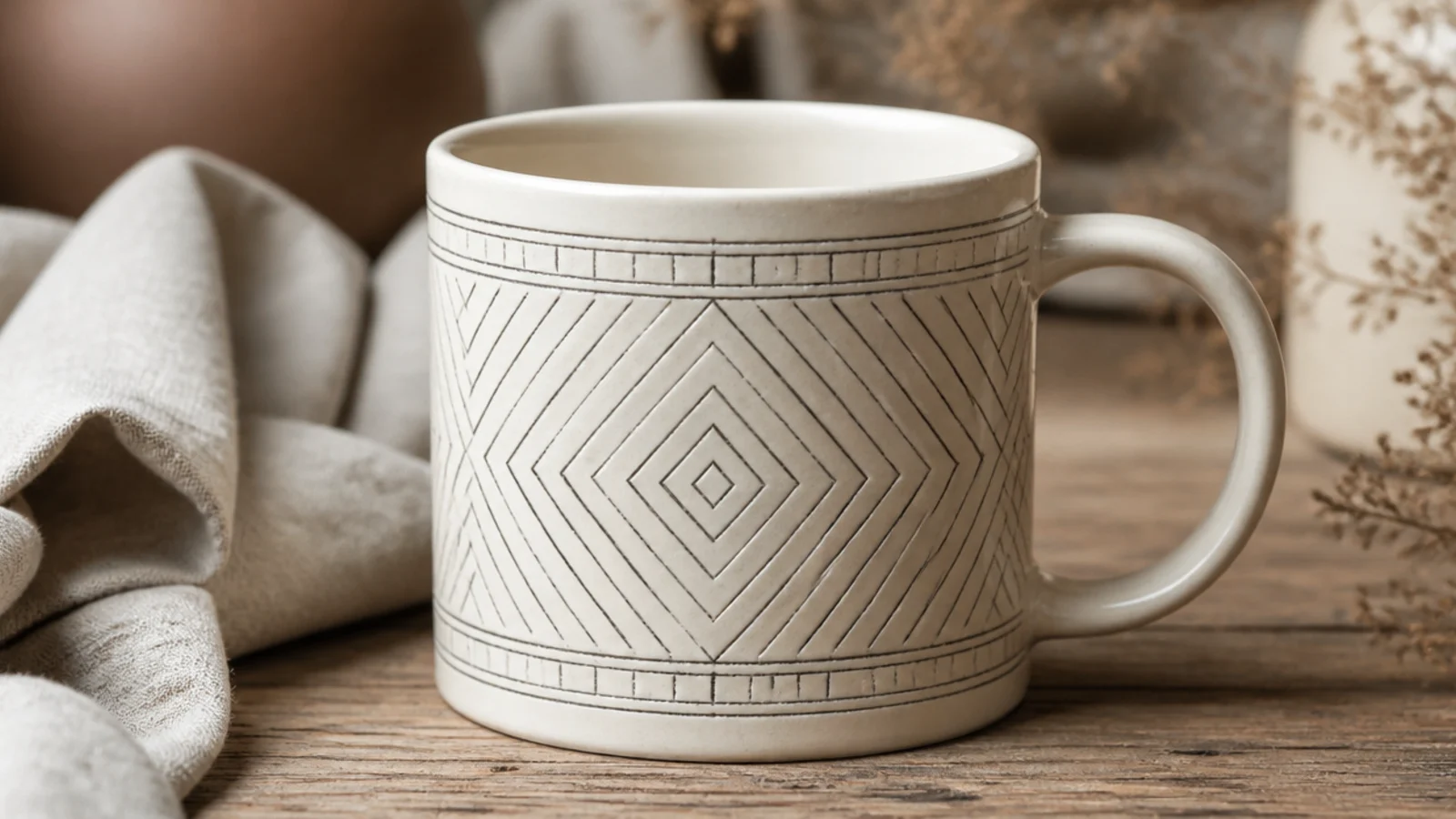 A pale mug with fine dark inlaid lines forming a delicate geometric pattern sitting perfectly flush with the surface, satin clear.