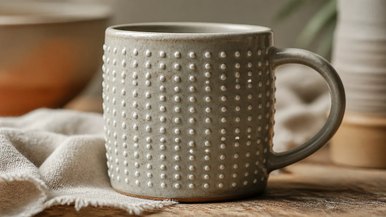 A mug with rows of small raised white slip dots standing proud of a soft grey glaze, tactile beaded texture.