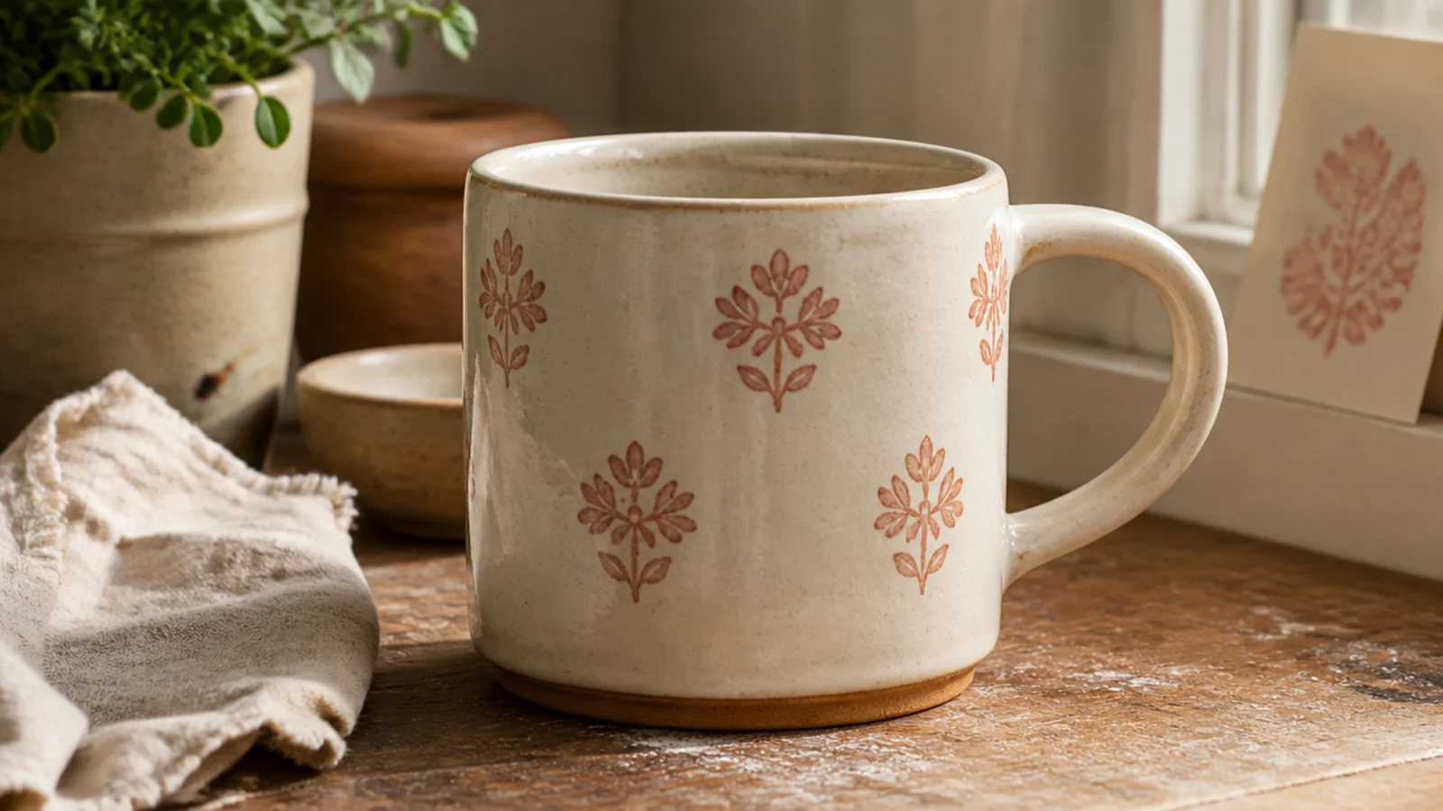 A cream mug with a repeating stamped floral motif in dusty rose underglaze evenly spaced around the body, folk-style.