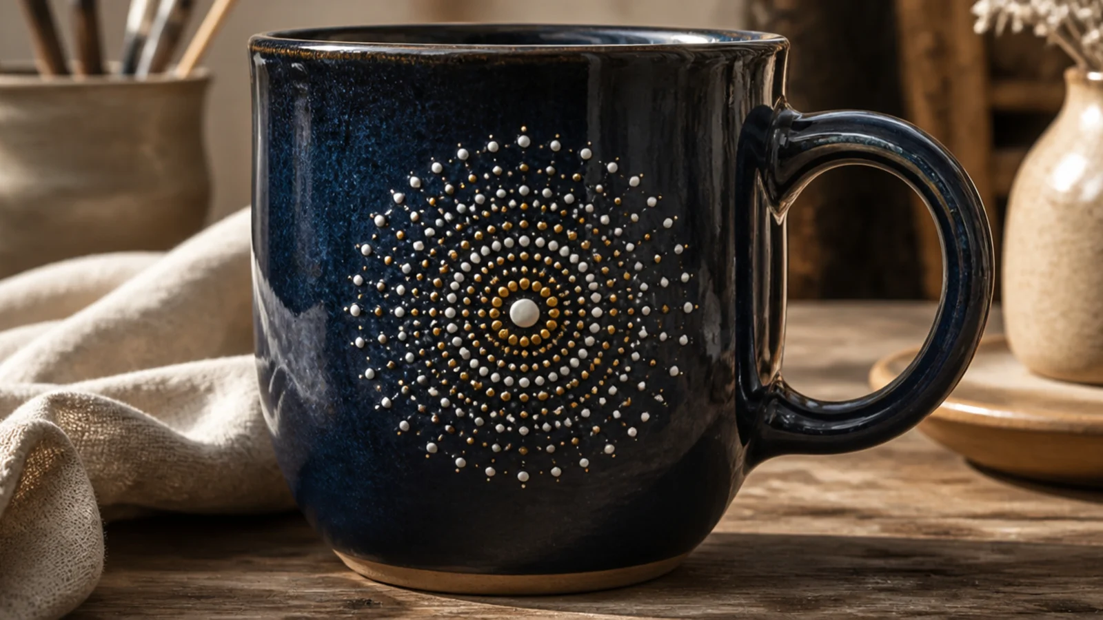 A deep navy mug with a symmetrical mandala of tiny concentric underglaze dots in white and gold on one side, clear glazed.