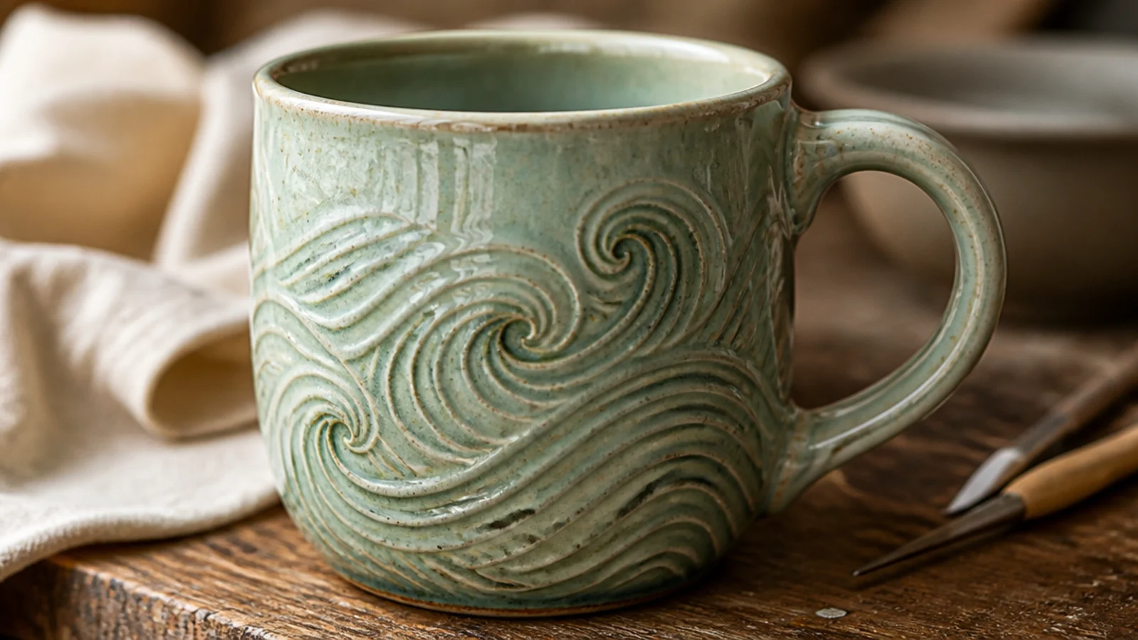 A mug with a carved wave pattern under a translucent pale-green celadon glaze that pools darker in the carved lines.
