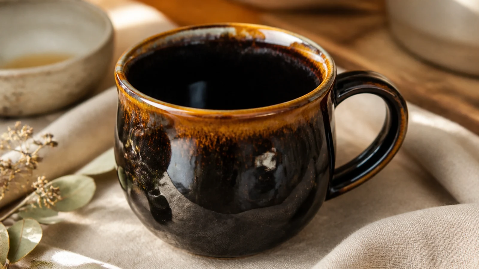A glossy dark-brown-black tenmoku mug that breaks to warm rust-amber over the rim and any raised edges, deep and glassy.