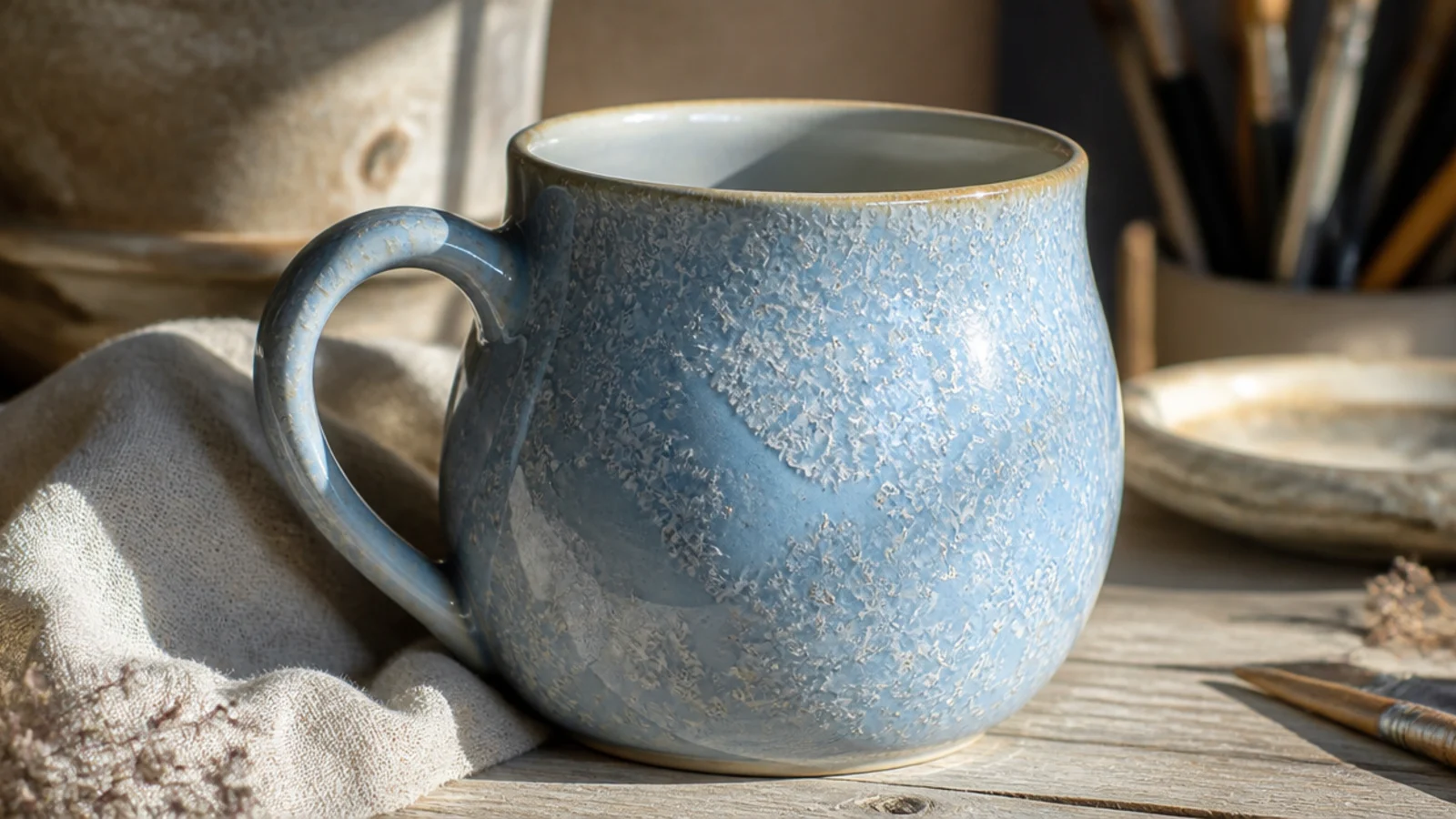 A pale mug scattered with soft snowflake-like glaze crystals blooming across a glossy dusty-blue surface, glittering pattern.