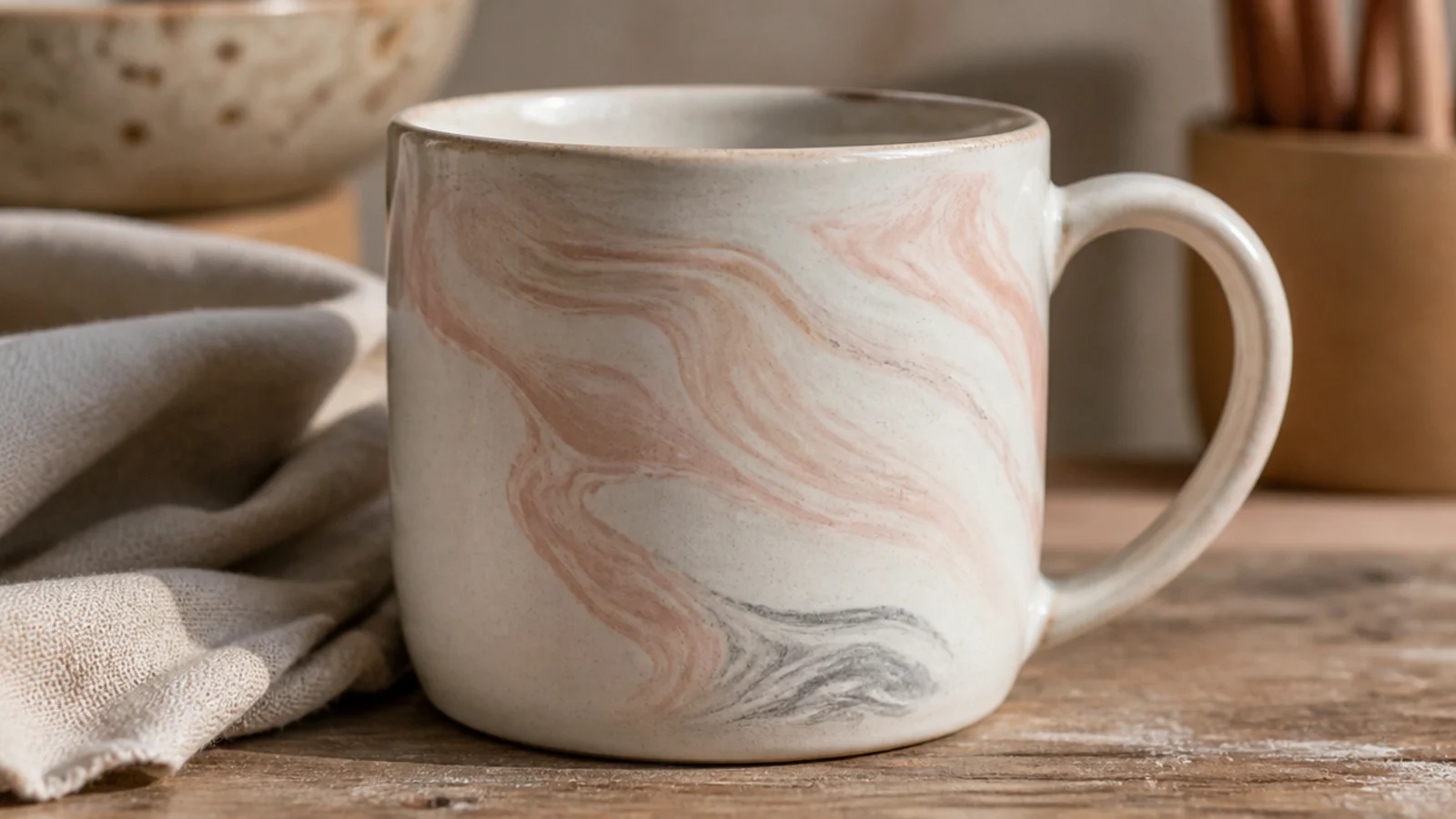 A white mug with soft swirling marbled bands of blush, cream, and grey underglaze blended across the surface, clear glazed.