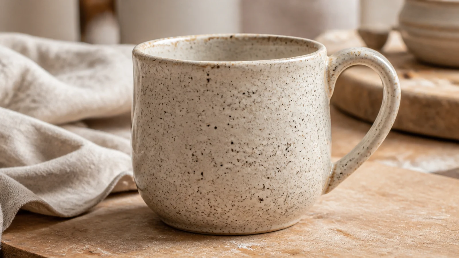 A cream mug covered in fine evenly scattered charcoal underglaze speckles like handmade stoneware, clear glazed.