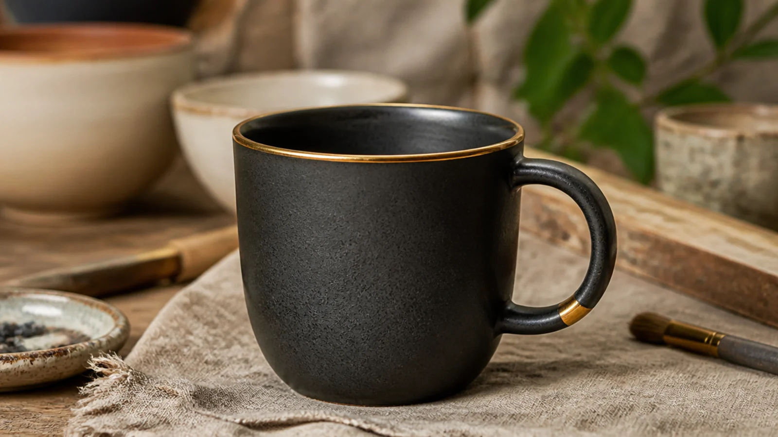 A matte charcoal mug finished with a thin brilliant gold luster line around the rim and a gold-tipped handle, minimal and luxe.