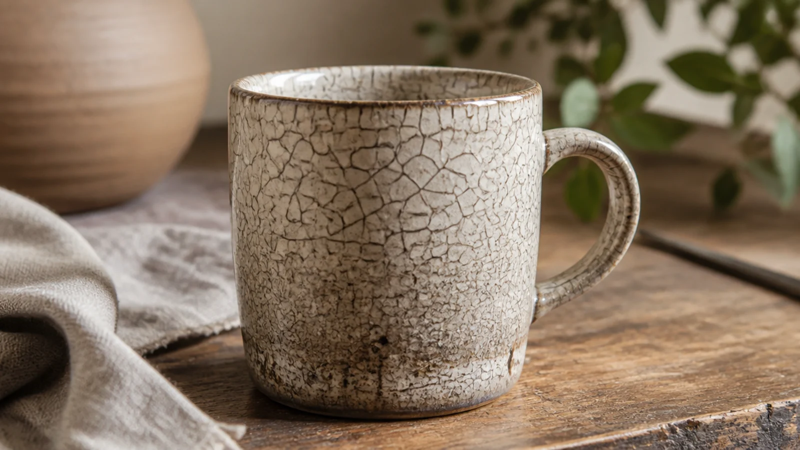 A decorative mug with a white crackle glaze webbed with fine dark crackle lines over a smoky grey body, artisanal display piece.