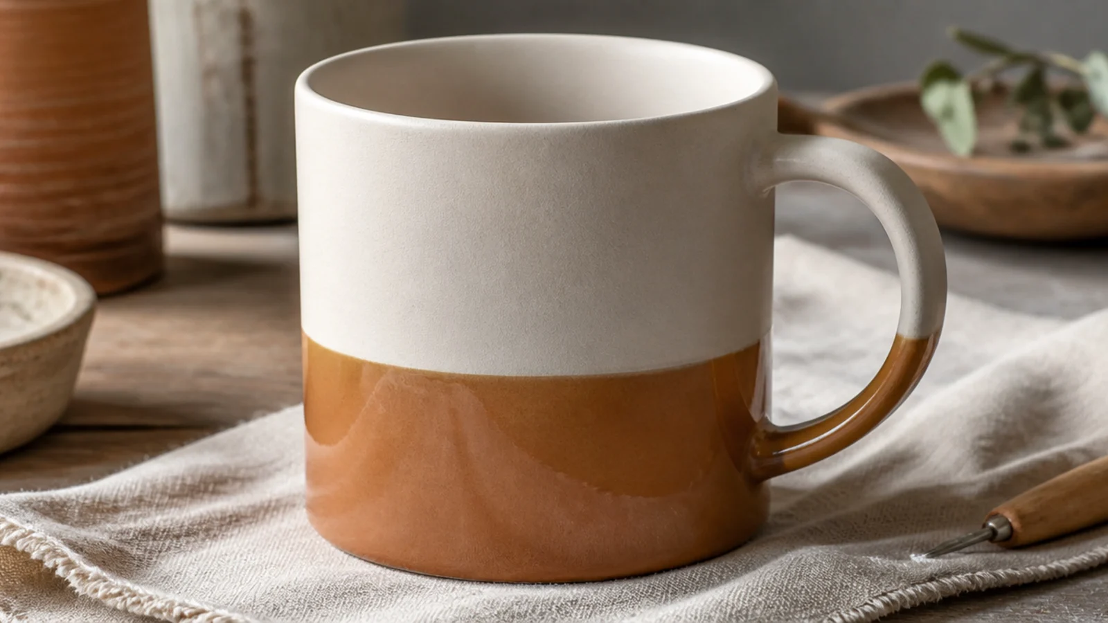 A mug split into a matte cream upper half and a glossy caramel lower half meeting at a clean line, contrasting finishes.